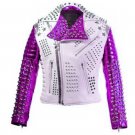 Men motorbike fashion style full body gothic studded White And purple leather jacket SIze Xs