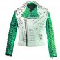 Men motorbike fashion style full body gothic studded White And Green leather jacket Size Xs