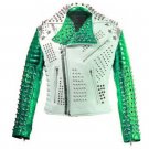 Men motorbike fashion style full body gothic studded White And Green leather jacket Size 6XL