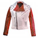 Men motorbike fashion style full body gothic studded White And Red leather jacket Size 5XL