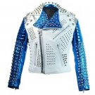 Men motorbike fashion style full body gothic studded White And Blue leather jacket Size L