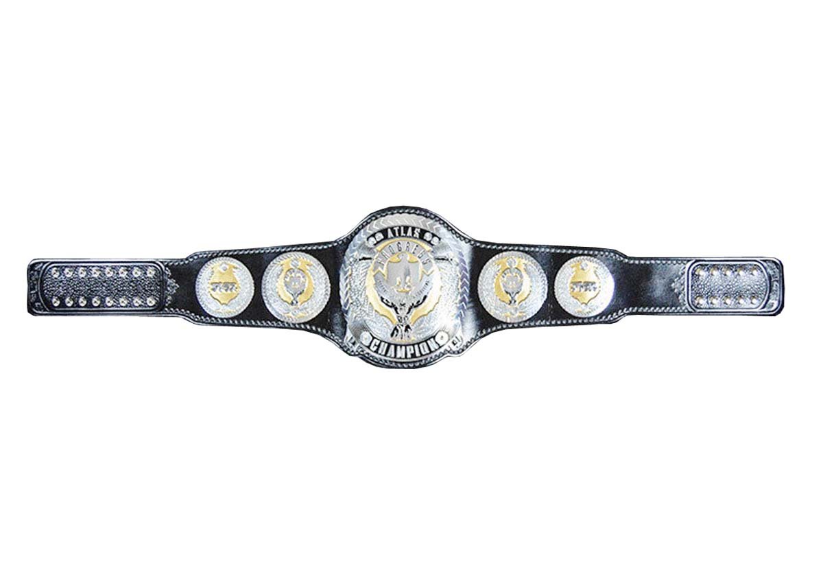 ATLAS PROGRESS WRESTLING CHAMPIONSHIP BELT DUAL PLATED BLACK LEATHER STRAP