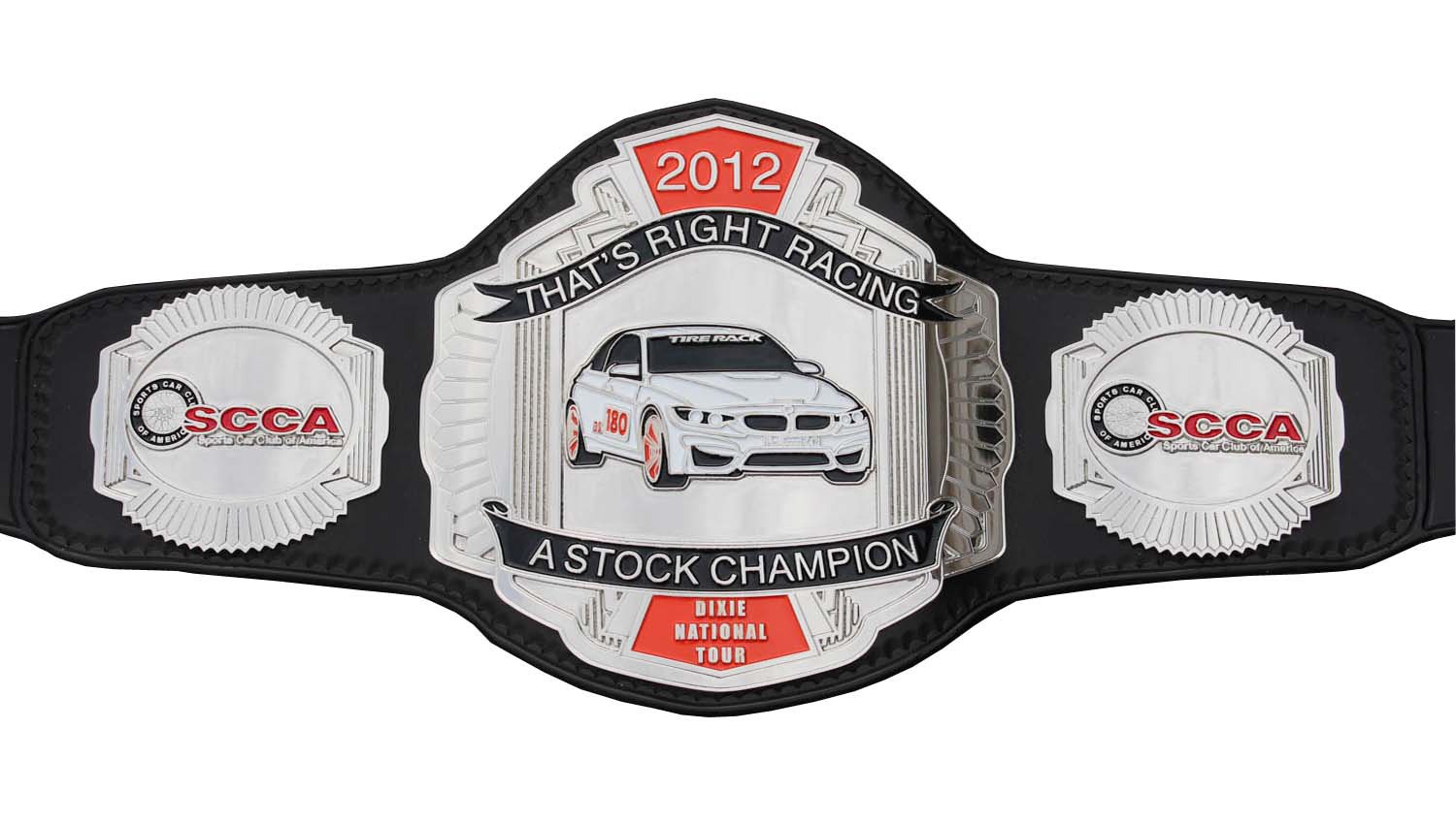 SCCA THAT,S RIGHT RACING 2012 A STOCK CHAMPION CHAMPIONSHIP BELT BLACK LEATHER STRAP ADULT SIZE