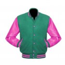 New DC Letterman Baseball Collage Green wool Pink leather  sleeves varsity jacket size L