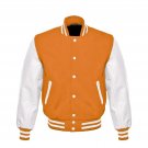 New DC Letterman Baseball Collage Orange wool White leather  sleeves varsity jacket size 3XL