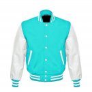 New DC Letterman Baseball Collage Lime Blue wool White leather  sleeves varsity jacket size XS