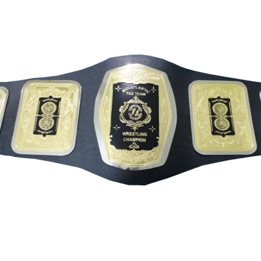 MID ATLANTIC TAG TEAM WRESTLING CHAMPIONSHIP BELT ADULT SIZE BLACK LEATHER STRAP