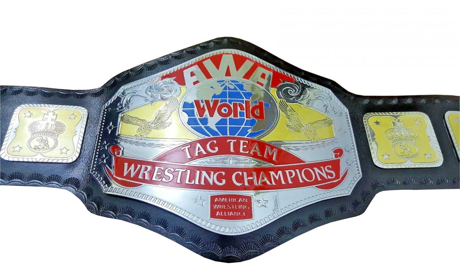 AWA WORLD TAG TEAM WRESTLING CHAMPIONSHIP BELT ADULT SIZE BLACK LEATHER STRAP