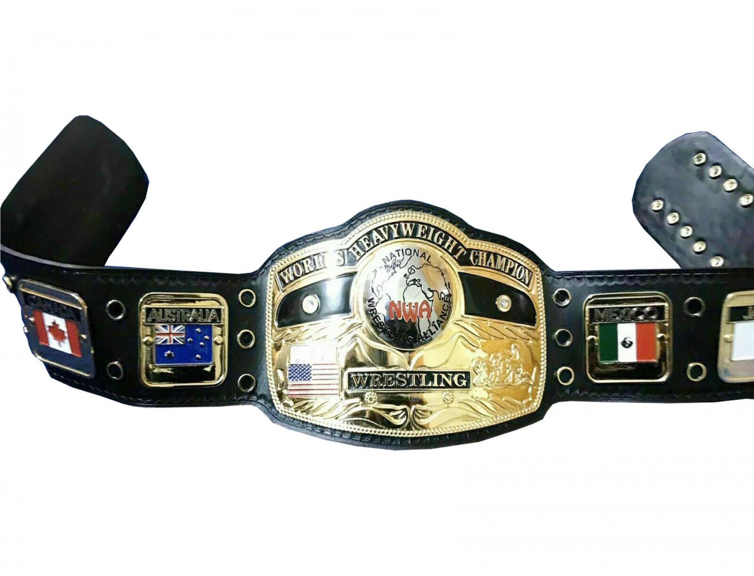 NWA DOMED GLOBE WORLDS HEAVYWEIGHT USA WRESTLING CHAMPIONSHIP BELT ADULT SIZE BLACK LEATHER STRAP