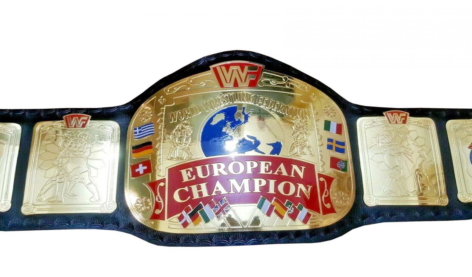 EUROPEAN WRESTLING CHAMPIONSHIP BELT ADULT SIZE BLACK LEATHER STRAP