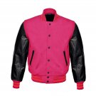 New DC Letterman Baseball Collage Pink wool Black leather sleeves varsity jacket size 4XL