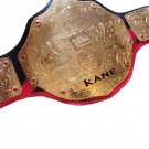 KANE FANDU BIG GOLD WRESTLING CHAMPIONSHIP BELT ADULT SIZE BLACK AND RED CANE LEATHER STRAP