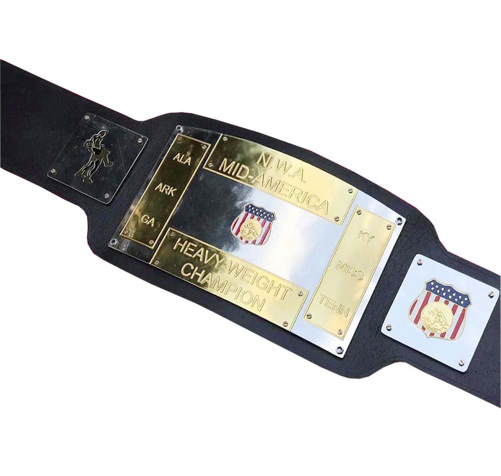 NWA MID AMERICA HEAVYWEIGHT WRESTLING CHAMPIONSHIP BELT BLACK LEATHER STRAP