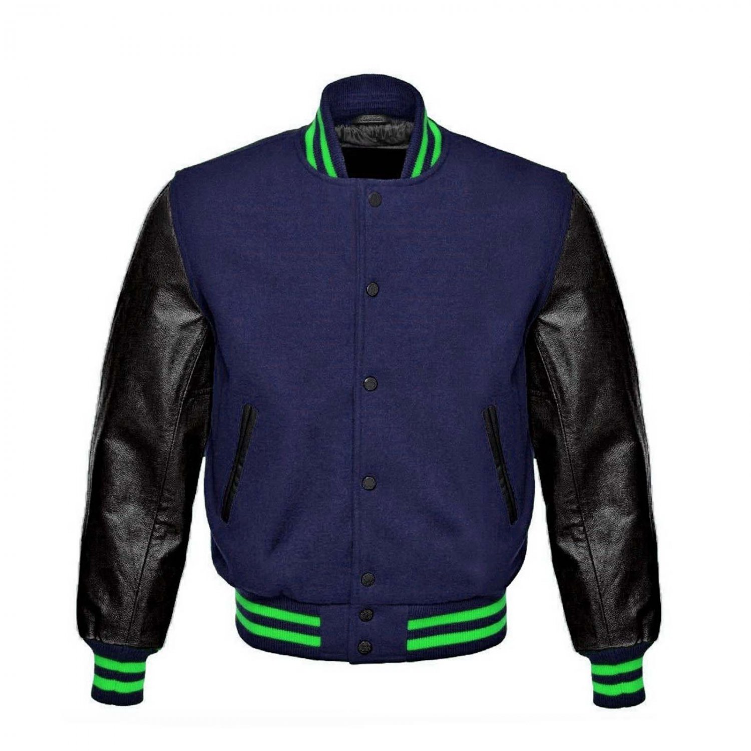 New DC Letterman Baseball Collage Navy Blue wool Black leather sleeves varsity jacket size L