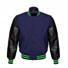 New DC Letterman Baseball Collage Navy Blue wool Black leather sleeves varsity jacket size 2XL