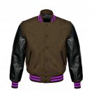 New DC Letterman Baseball Collage Brown wool Black leather sleeves varsity jacket size 5XL