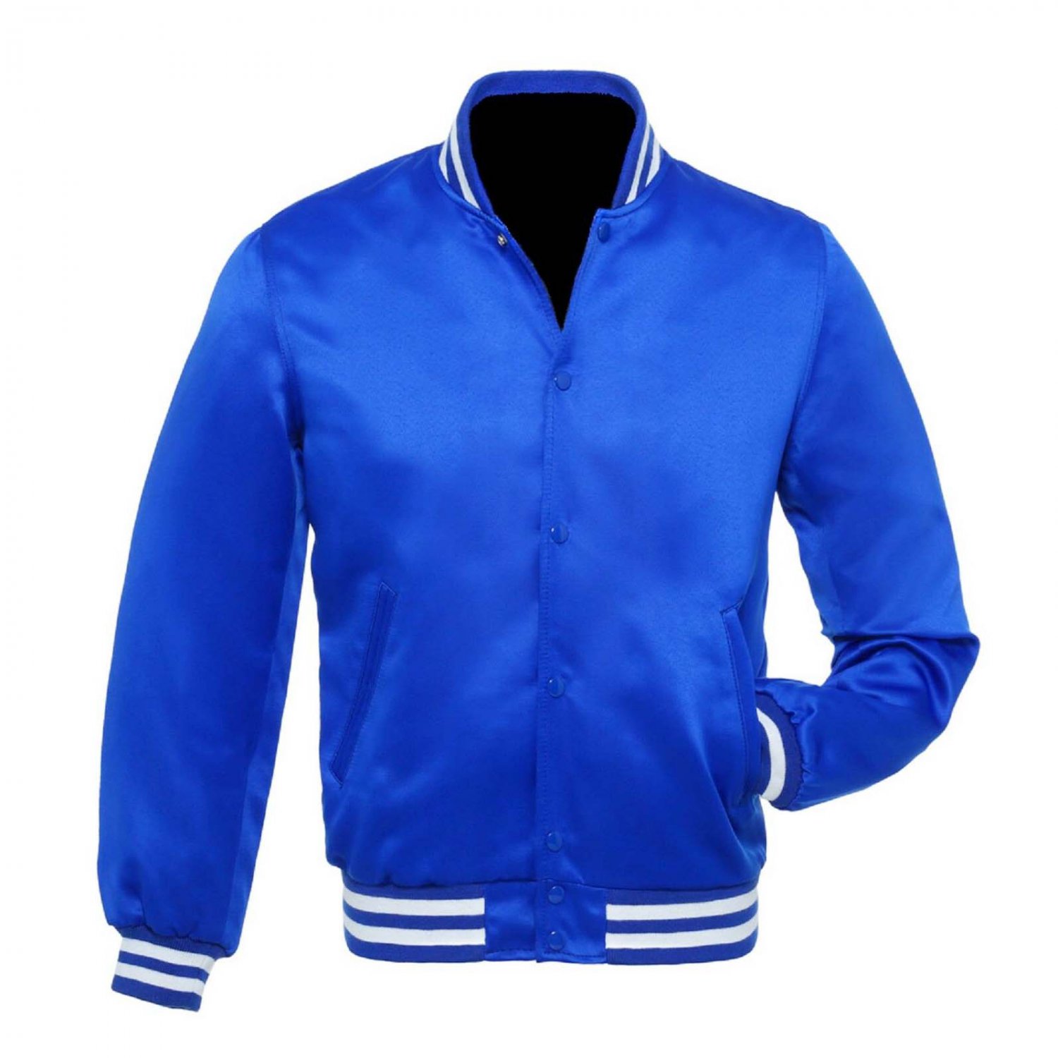 New Satin Baseball Collage Blue varsity Bomber jacket White Trim size L