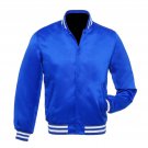 New Satin Baseball Collage Blue varsity Bomber jacket White Trim size 4XL