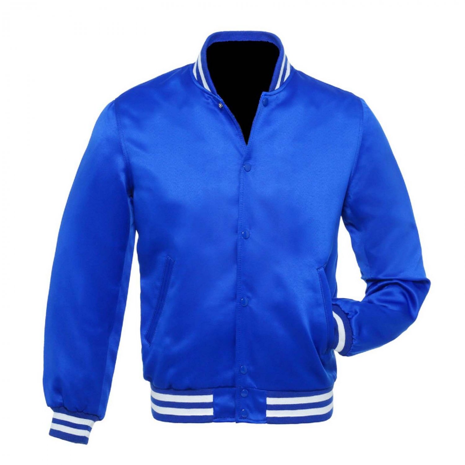 New Satin Baseball Collage Blue varsity Bomber jacket White Trim size 5XL