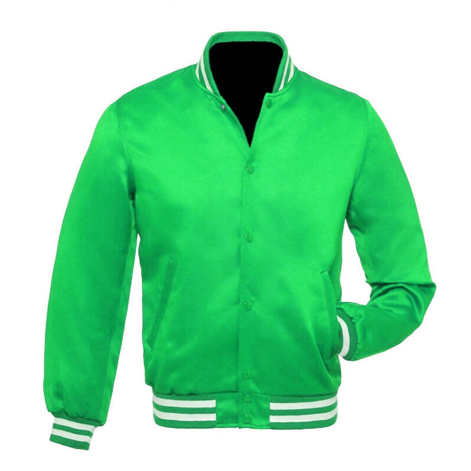 New Satin Baseball Collage Green varsity Bomber jacket White Trim size L