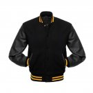New DC Letterman Baseball Collage Black wool Black leather sleeves varsity jacket size XS