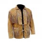 WESTERN COW BOY JACKET TAN BROWN SUEDE LEATHER MEN WITH BEAUTIFUL FRINGE SIZE 5XL