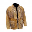 WESTERN COW BOY JACKET TAN BROWN SUEDE LEATHER MEN WITH BEAUTIFUL FRINGE SIZE 6XL