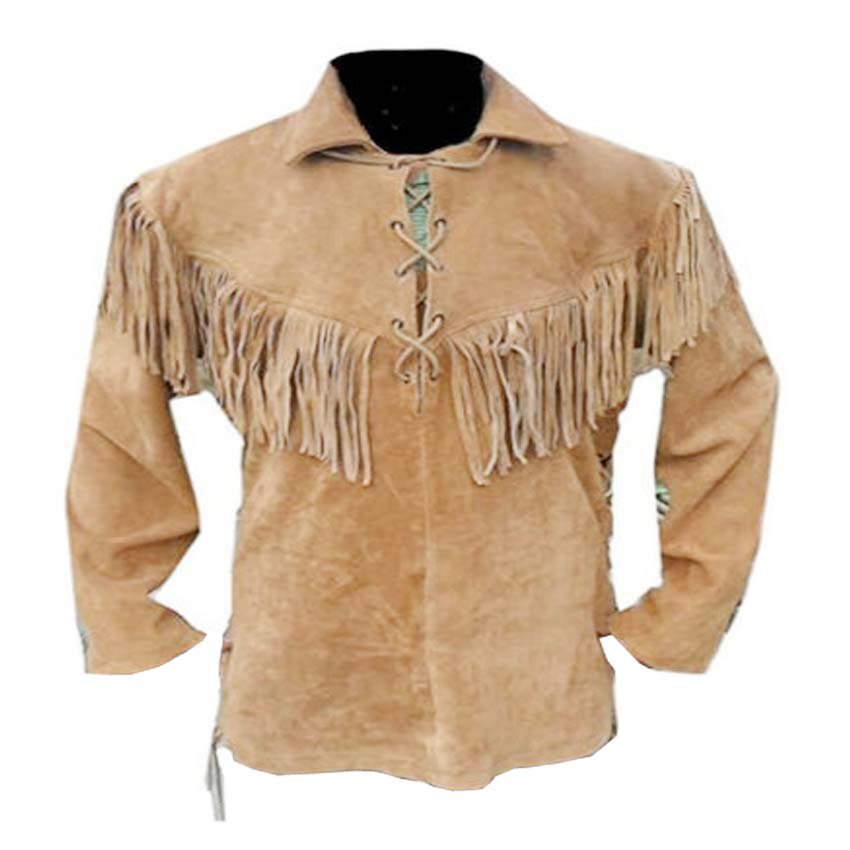 WESTERN COW BOY JACKET TAN BROWN SUEDE LEATHER MEN WITH BEAUTIFUL FRINGE SIZE XL