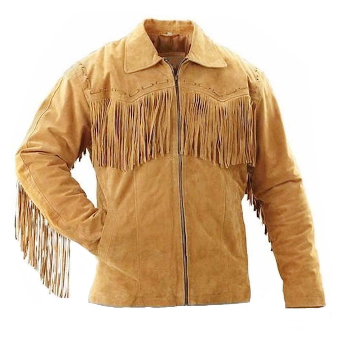 WESTERN COW BOY JACKET TAN BROWN SUEDE LEATHER MEN WITH BEAUTIFUL FRINGE ART NO 7594 SIZE XS