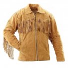 WESTERN COW BOY JACKET TAN BROWN SUEDE LEATHER MEN WITH BEAUTIFUL FRINGE ART NO 7594 SIZE L