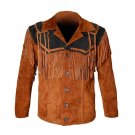 WESTERN COW BOY JACKET TAN BROWN AND BLACK SUEDE LEATHER MEN WITH BEAUTIFUL FRINGE SIZE XXS