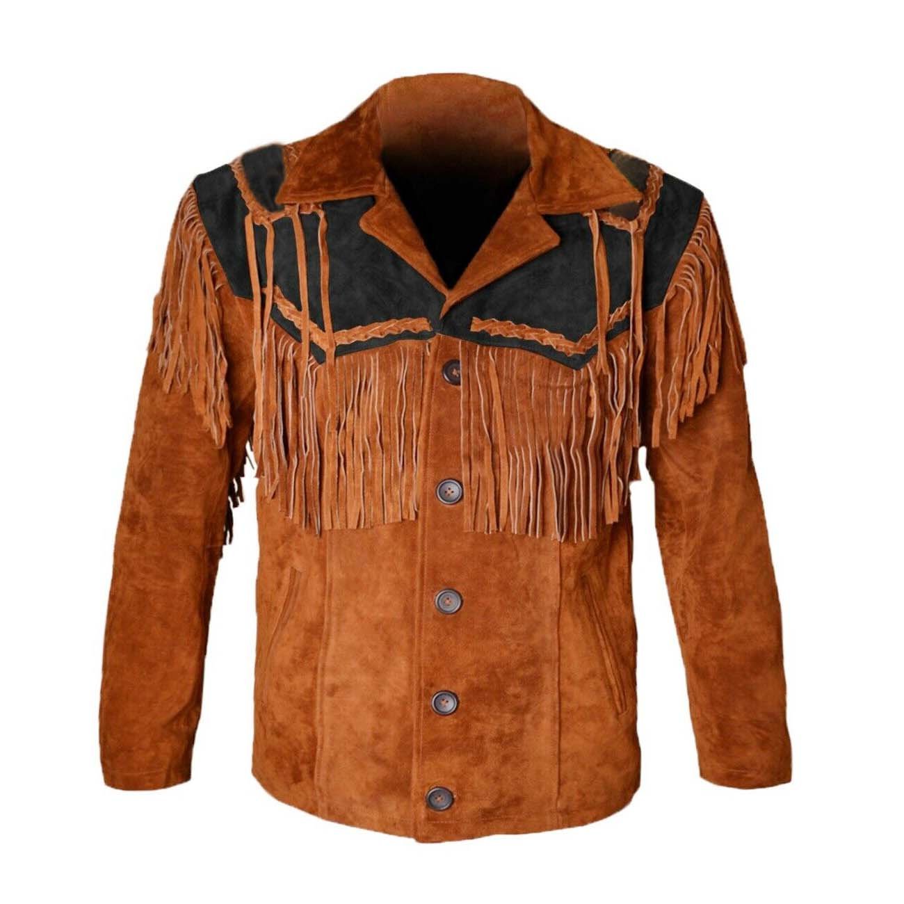 WESTERN COW BOY JACKET TAN BROWN AND BLACK SUEDE LEATHER MEN WITH ...
