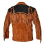 WESTERN COW BOY JACKET TAN BROWN AND BLACK SUEDE LEATHER MEN WITH BEAUTIFUL FRINGE SIZE M