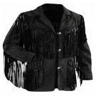 WESTERN COW BOY JACKET BLACK SUEDE LEATHER MEN WITH BEAUTIFUL FRINGE SIZE XXS