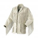 WESTERN COW BOY JACKET CREAM WHITE SUEDE LEATHER MEN WITH BEAUTIFUL FRINGE SIZE 4XL