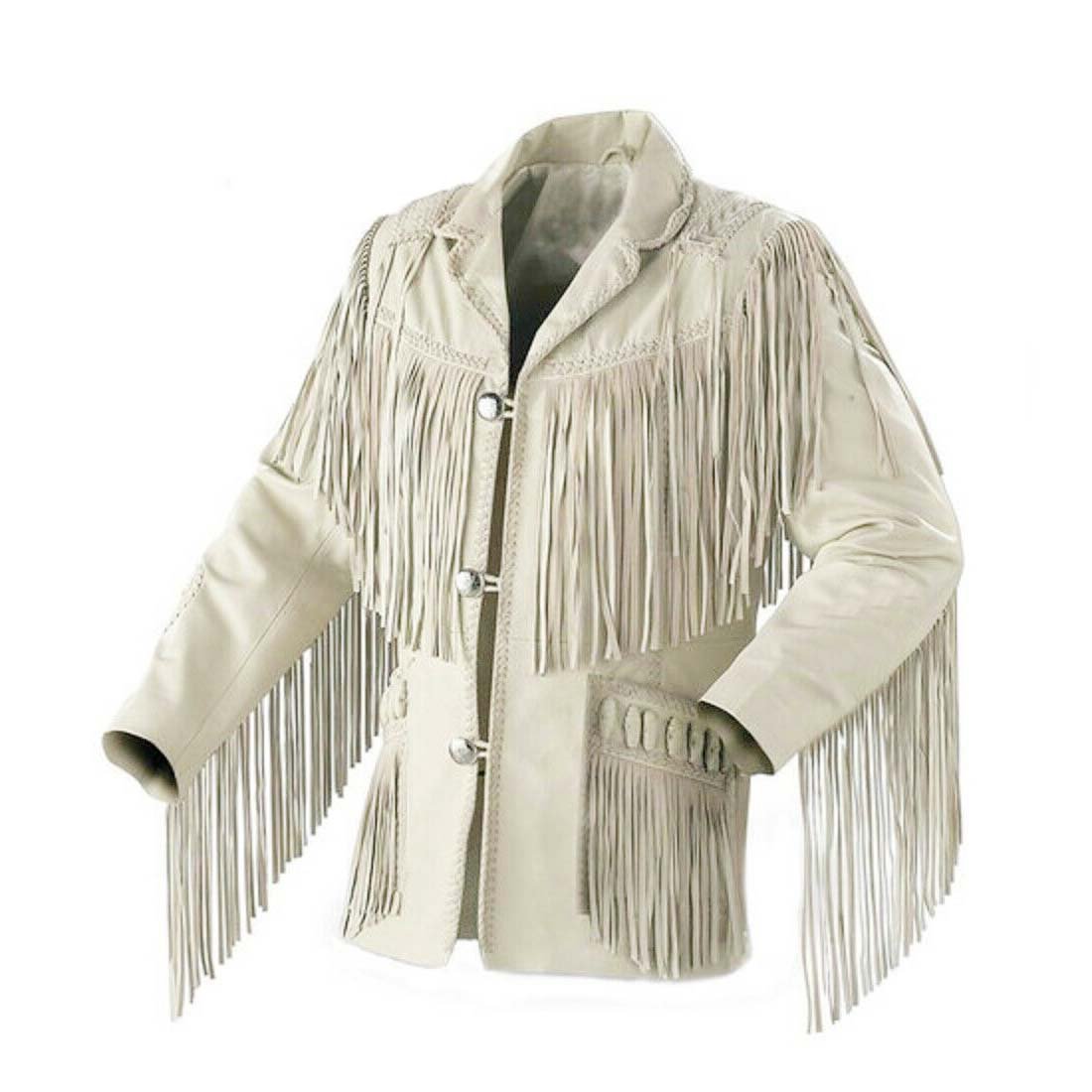 WESTERN COW BOY JACKET CREAM WHITE SUEDE LEATHER MEN WITH BEAUTIFUL FRINGE SIZE 6XL