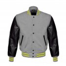 New DC Letterman Baseball Grey wool Black leather  sleeves varsity jacket size XS