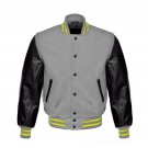 New DC Letterman Baseball Grey wool Black leather  sleeves varsity jacket size 3XL