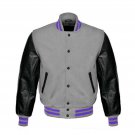 New DC Letterman Baseball Grey wool Black leather  sleeves varsity jacket size XS