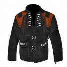 WESTERN COW BOY JACKET BLACK SUEDE LEATHER MEN WITH BEAUTIFUL FRINGE ARTICLE 4830 SIZE M