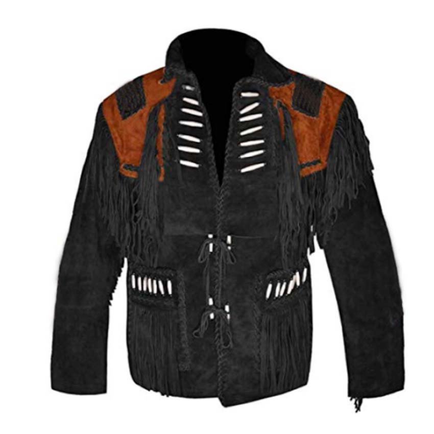 WESTERN COW BOY JACKET BLACK SUEDE LEATHER MEN WITH BEAUTIFUL FRINGE ARTICLE 4830 SIZE 6XL