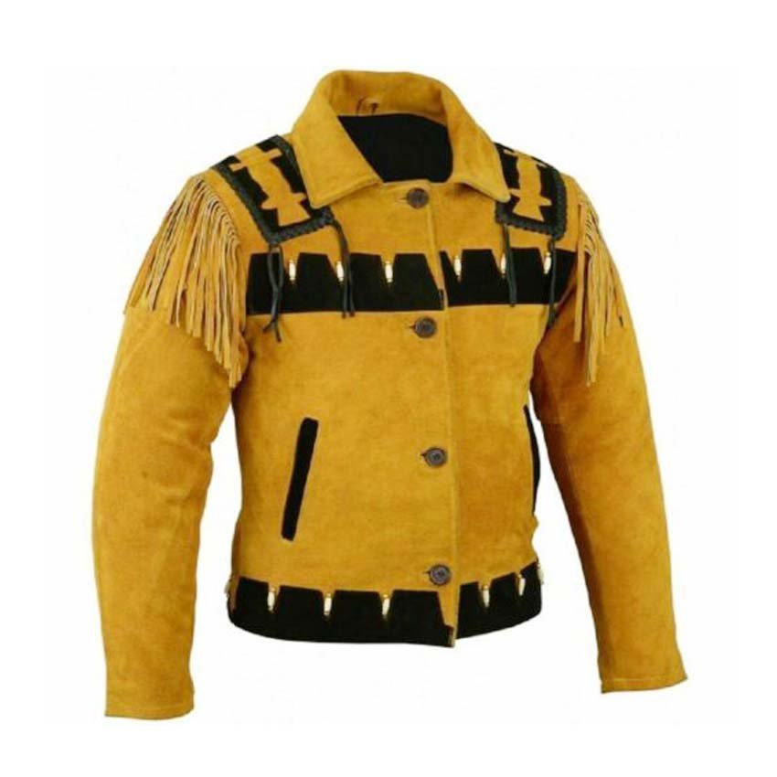 WESTERN COW BOY JACKET TAN BROWN SUEDE LEATHER MEN WITH BEAUTIFUL FRINGE ARTICLE 7921 SIZE S