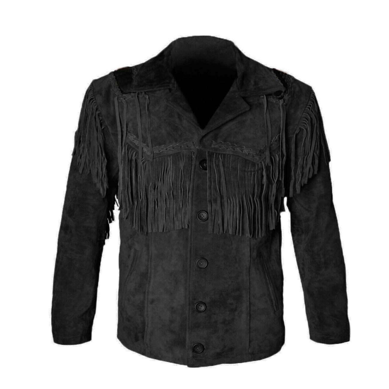 WESTERN COW BOY JACKET BLACK SUEDE LEATHER MEN WITH BEAUTIFUL FRINGE ARTICLE 2711 SIZE 5XL