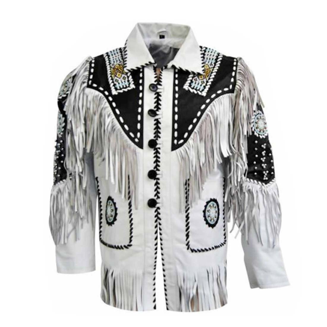 WESTERN COW BOY JACKET TAN WHITE SUEDE LEATHER MEN WITH BEAUTIFUL FRINGE ARTICLE 5730 SIZE 4XL