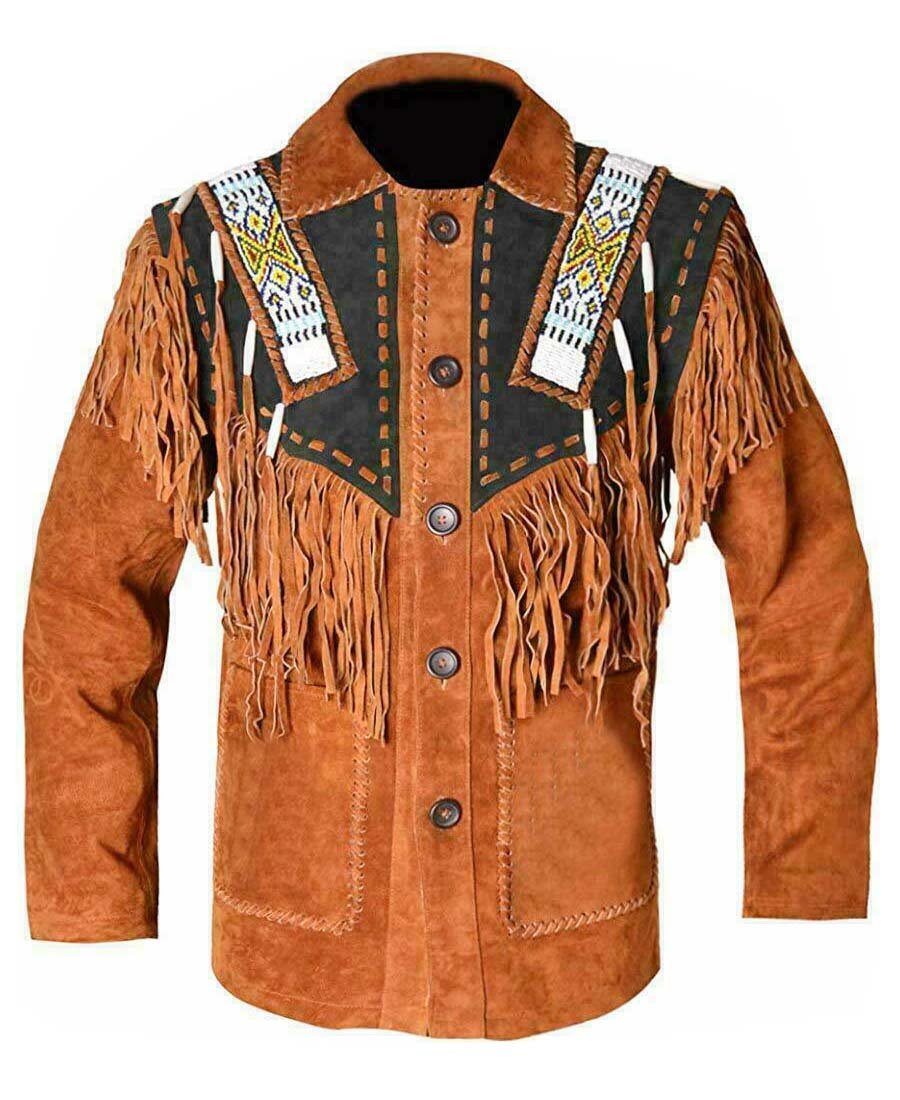 WESTERN COW BOY JACKET TAN BROWN AND BLACK SUEDE LEATHER MEN WITH BEAUTIFUL FRINGE SIZE 3XL