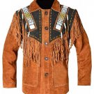 WESTERN COW BOY JACKET TAN BROWN AND BLACK SUEDE LEATHER MEN WITH BEAUTIFUL FRINGE SIZE 4XL