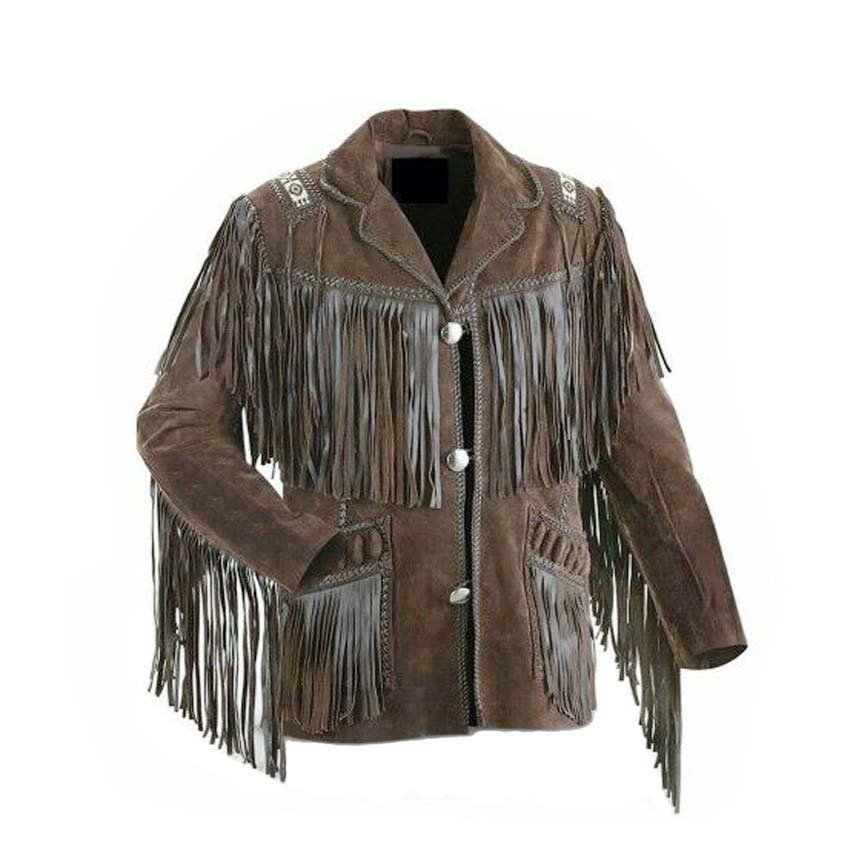 WESTERN COW BOY JACKET DARK BROWN SUEDE LEATHER MEN WITH BEAUTIFUL FRINGE ART NO R5893 SIZE XL