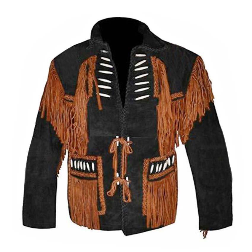 WESTERN COW BOY JACKET BLACK SUEDE LEATHER MEN WITH BEAUTIFUL BROWN ...