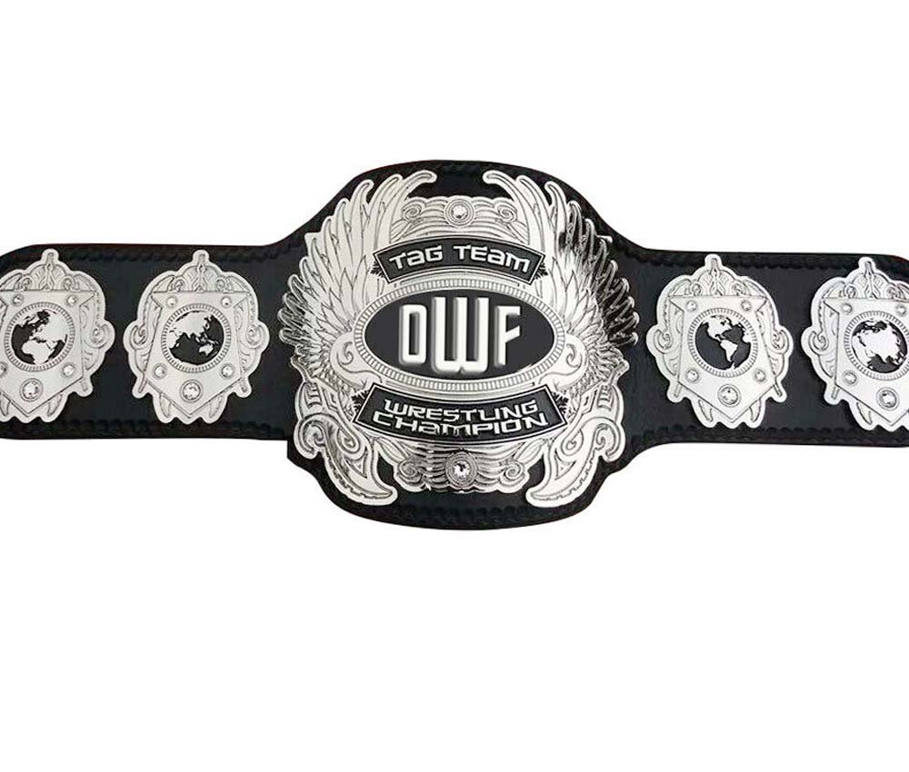 DWF TAG TEAM WRESTLING CHAMPIONSHIP BELT ADULT SIZE BLACK LEATHER STRAP BELT