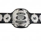DWF TAG TEAM WRESTLING CHAMPIONSHIP BELT ADULT SIZE BLACK LEATHER STRAP BELT